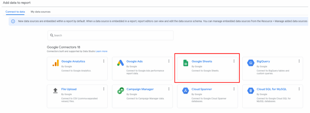Google Sheet data source connection in Data Studio