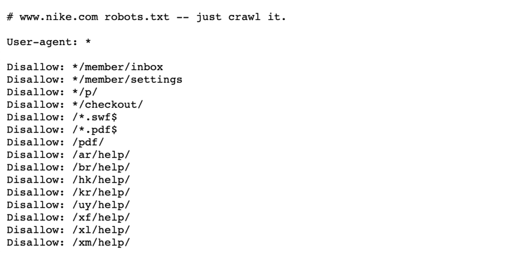 Nike's robots.txt file